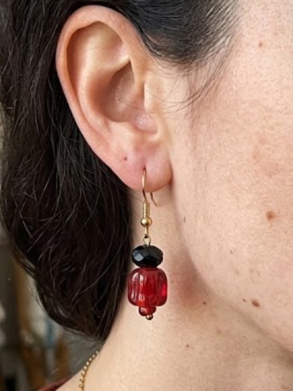 Ruby And Garnet Handcrafted Glass Lampwork Bead Earrings With Navy Blue Bead
